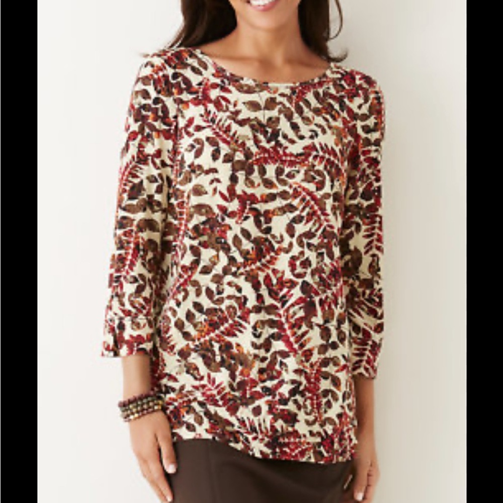 J. Jill Cranberry and Brown Fallen Leaf Print Blouse Rear Button Detail Sz Lg